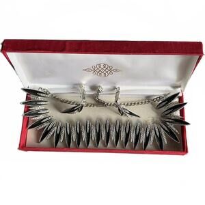 Avant Garde Art Deco Black Silver Egyptian Goth Modernist Bib Necklace Earrings